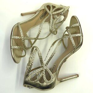 BADGLEY MISCHKA (8) Crystal Braided Sandal Heels Platino Gold Leather Tassel